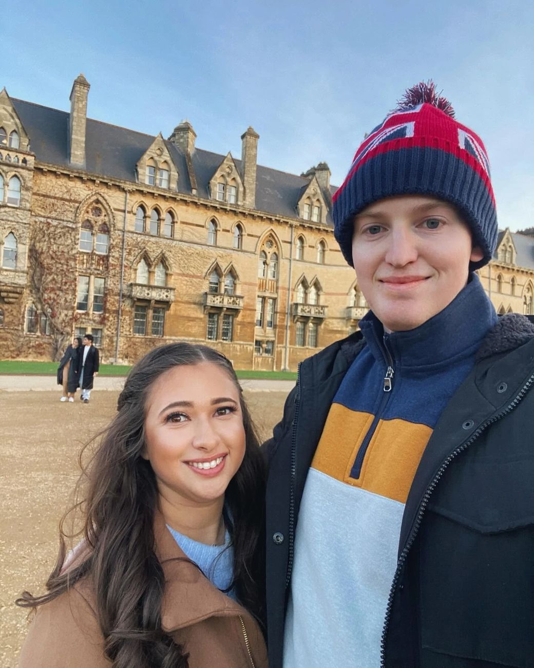 Allison and Daniel bundled up outside Christ Church, Oxford